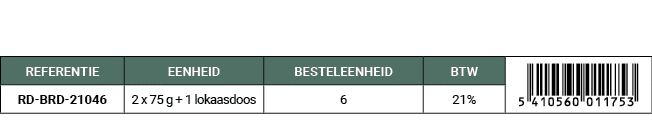 REFERENTIE,EENHEID,BESTELEENHEID,BTW,￼,RD BRD 21046,2 x 75 g + 1 lokaasdoos,6,21%