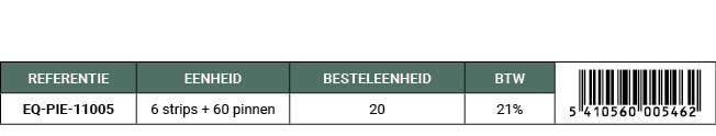 REFERENTIE,EENHEID,BESTELEENHEID,BTW,￼,EQ PIE 11005,6 strips + 60 pinnen,20,21%