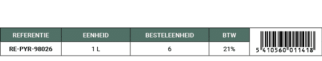 REFERENTIE,EENHEID,BESTELEENHEID,BTW,￼,RE PYR 98026,1 L,6,21%