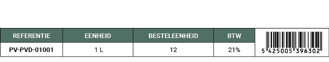 REFERENTIE,EENHEID,BESTELEENHEID,BTW,￼,PV PVD 01001, 1 L,12,21%