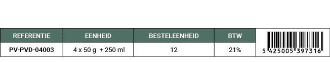REFERENTIE,EENHEID,BESTELEENHEID,BTW,￼,PV PVD 04003, 4 x 50 g + 250 ml,12,21%
