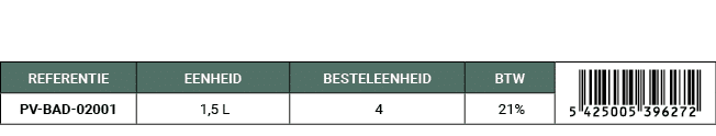 REFERENTIE,EENHEID,BESTELEENHEID,BTW,￼,PV BAD 02001, 1,5 L, 4, 21%