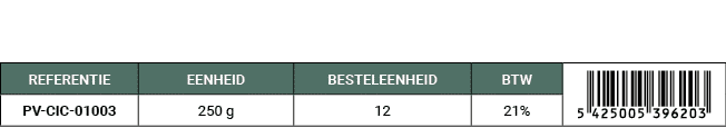 REFERENTIE,EENHEID,BESTELEENHEID,BTW,￼,PV CIC 01003,250 g,12,21%