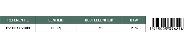 REFERENTIE,EENHEID,BESTELEENHEID,BTW,￼,PV CIC 02003,800 g,12, 21%
