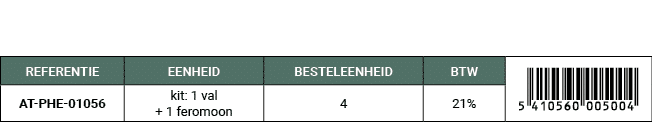 REFERENTIE,EENHEID,BESTELEENHEID,BTW,￼,AT PHE 01056,kit: 1 val + 1 feromoon,4,21%