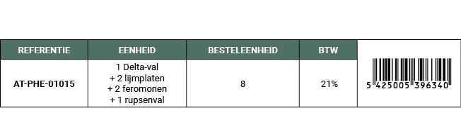 REFERENTIE,EENHEID,BESTELEENHEID,BTW,￼,AT PHE 01015,1 Delta val + 2 lijmplaten + 2 feromonen + 1 rupsenval,8, 21%
