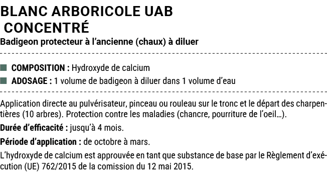 BLANC ARBORICOLE UAB CONCENTR Badigeon protecteur   l’ancienne (chaux)   diluer ■ COMPOSITION : Hydroxyde de calcium...