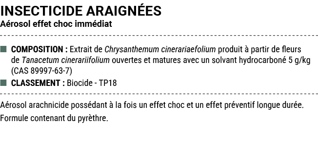 INSECTICIDE ARAIGN ES A rosol effet choc imm diat ■ COMPOSITION : Extrait de Chrysanthemum cinerariaefolium produit ...