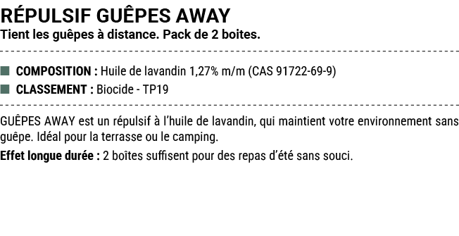 R PULSIF GU PES AWAY Tient les gu pes  distance. Pack de 2 boites. ■ COMPOSITION : Huile de lavandin 1,27% m/m (CAS ...
