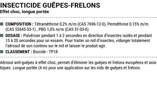 INSECTICIDE GU PES FRELONS Effet choc, longue port e ■ COMPOSITION : T tram thrine 0,2% m/m (CAS 7696 12 0), Perm thr...