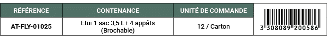 R F RENCE,CONTENANCE,UNIT DE COMMANDE,￼,AT FLY 01025,Etui 1 sac 3,5 L+ 4 app ts (Brochable),12 / Carton