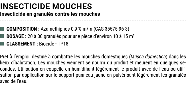 INSECTICIDE MOUCHES Insecticide en granul s contre les mouches ■ COMPOSITION : Azamethiphos 0,9 % m/m (CAS 35575 96 3...