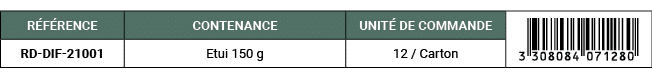 R F RENCE,CONTENANCE,UNIT DE COMMANDE,￼,RD DIF 21001,Etui 150 g,12 / Carton