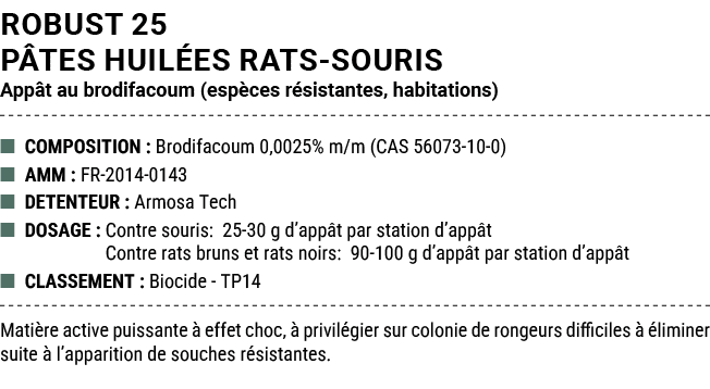 ROBUST 25 P TES HUIL ES RATS SOURIS App t au brodifacoum (esp ces r sistantes, habitations) ■ COMPOSITION : Brodifaco...