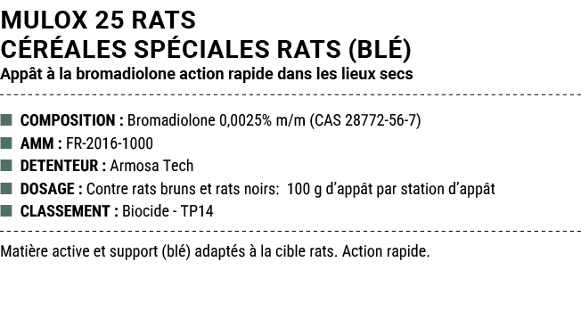 MULOX 25 RATS C R ALES SP CIALES RATS (BL ) App t  la bromadiolone action rapide dans les lieux secs ■ COMPOSITION :...