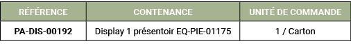 R F RENCE,CONTENANCE,UNIT DE COMMANDE,PA DIS 00192,Display 1 pr sentoir EQ PIE 01175,1 / Carton