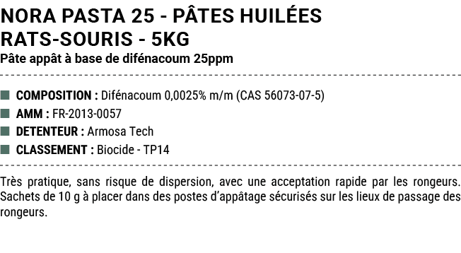 NORA PASTA 25 P TES HUIL ES RATS SOURIS 5kg P te app t  base de dif nacoum 25ppm ■ COMPOSITION : Dif nacoum 0,0025% ...