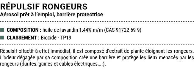 R PULSIF RONGEURS A rosol pr t  l’emploi, barri re protectrice ■ COMPOSITION : huile de lavandin 1,44% m/m (CAS 9172...