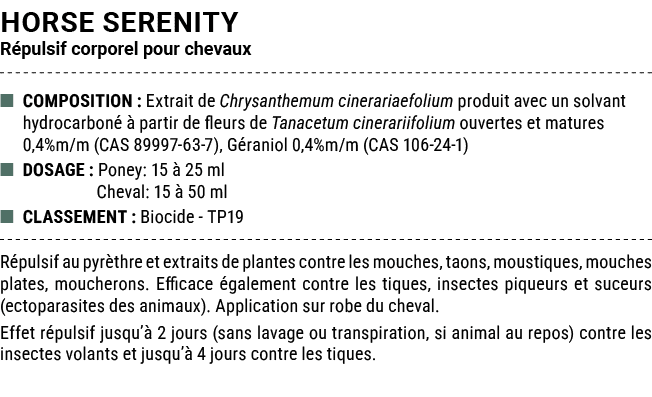 HORSE SERENITY R pulsif corporel pour chevaux ■ COMPOSITION : Extrait de Chrysanthemum cinerariaefolium produit avec ...