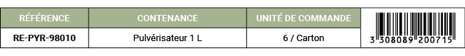 R F RENCE,CONTENANCE,UNIT DE COMMANDE,￼,RE PYR 98010,Pulv risateur 1 L,6 / Carton