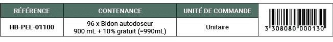 R F RENCE,CONTENANCE,UNIT DE COMMANDE,￼,HB PEL 01100,96 x Bidon autodoseur 900 mL + 10% gratuit (=990mL),Unitaire