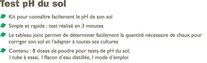 Test pH du sol ￼ Kit pour conna tre facilement le pH de son sol ￼ Simple et rapide : test r alis en 3 minutes ￼ Le t...