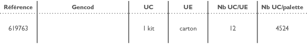 R f rence,Gencod,UC,UE,Nb UC/UE,Nb UC/palette,619763,,1 kit,carton,12,4524