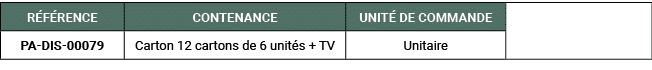 R F RENCE,CONTENANCE,UNIT DE COMMANDE,,PA DIS 00079,Carton 12 cartons de 6 unit s + TV,Unitaire
