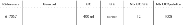 R f rence,Gencod,UC,UE,Nb UC/UE,Nb UC/palette,617057,,400 ml,carton,12,1008