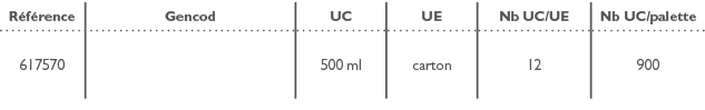 R f rence,Gencod,UC,UE,Nb UC/UE,Nb UC/palette,617570,,500 ml,carton,12,900