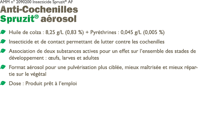 AMM n° 2090200 Insecticide Spruzit® AF Anti Cochenilles Spruzit® a rosol ￼ Huile de colza : 8,25 g/L (0,83 %) + Pyr t...