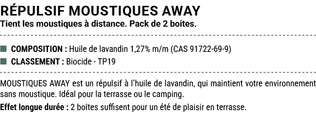R PULSIF MOUSTIQUES AWAY Tient les moustiques  distance. Pack de 2 boites. ■ COMPOSITION : Huile de lavandin 1,27% m...