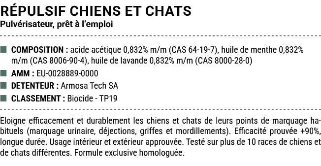 R PULSIF CHIENS ET CHATS Pulv risateur, pr t  l’emploi ■ COMPOSITION : acide ac tique 0,832% m/m (CAS 64 19 7), huil...