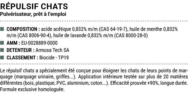 R PULSIF CHATS Pulv risateur, pr t  l’emploi ■ COMPOSITION : acide ac tique 0,832% m/m (CAS 64 19 7), huile de menth...