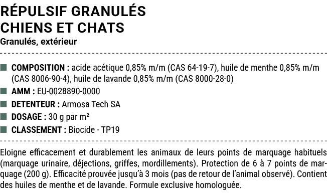 R PULSIF GRANUL S CHIENS ET CHATS Granul s, ext rieur ■ COMPOSITION : acide ac tique 0,85% m/m (CAS 64 19 7), huile d...