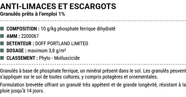 ANTI LIMACES ET ESCARGOTS Granul s pr ts  l’emploi 1% ■ COMPOSITION : 10 g/kg phosphate ferrique dihydrat  ■ AMM : 2...