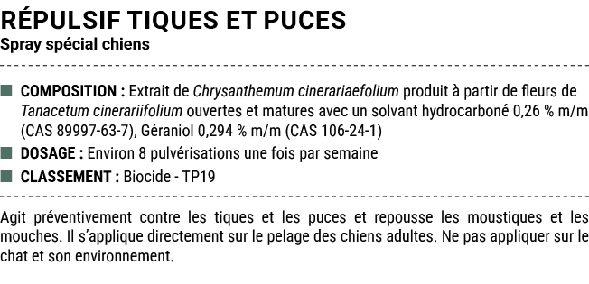 R PULSIF TIQUES ET PUCES Spray sp cial chiens ■ COMPOSITION : Extrait de Chrysanthemum cinerariaefolium produit  par...