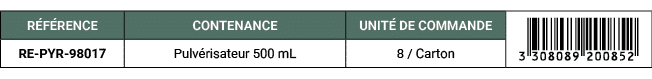 R F RENCE,CONTENANCE,UNIT DE COMMANDE,￼,RE PYR 98017,Pulv risateur 500 mL,8 / Carton