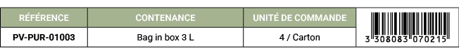 R F RENCE,CONTENANCE,UNIT DE COMMANDE,￼,PV PUR 01003,Bag in box 3 L,4 / Carton