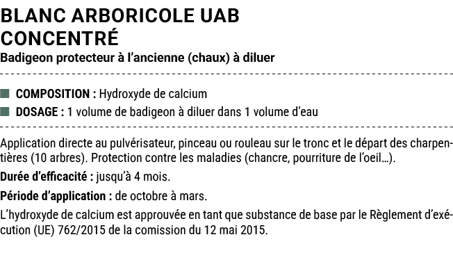BLANC ARBORICOLE UAB CONCENTR Badigeon protecteur   l’ancienne (chaux)   diluer ■ COMPOSITION : Hydroxyde de calcium...