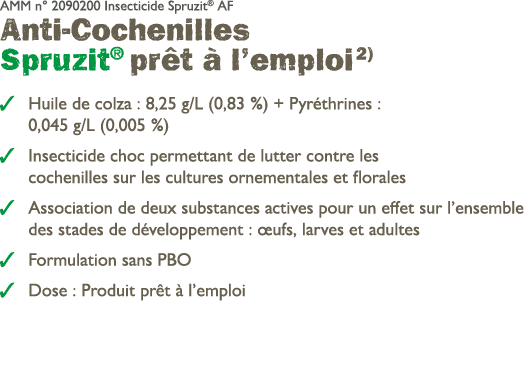 AMM n° 2090200 Insecticide Spruzit® AF Anti Cochenilles Spruzit® pr t  l’emploi 2) ￼ Huile de colza : 8,25 g/L (0,83...