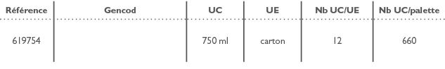 R f rence,Gencod,UC,UE,Nb UC/UE,Nb UC/palette,619754,,750 ml,carton,12,660