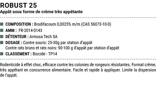ROBUST 25 App t sous forme de cr me tr s app tante ■ COMPOSITION : Brodifacoum 0,0025% m/m (CAS 56073 10 0) ■ AMM : F...