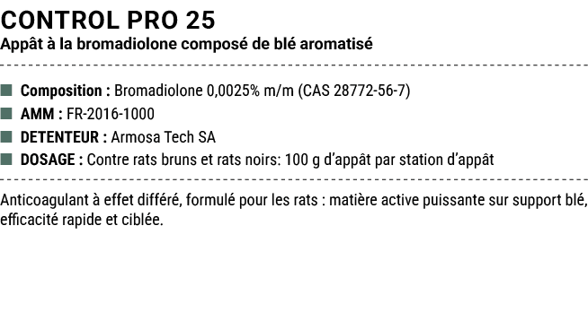 CONTROL PRO 25 App t  la bromadiolone compos  de bl  aromatis  ■ Composition : Bromadiolone 0,0025% m/m (CAS 28772 5...
