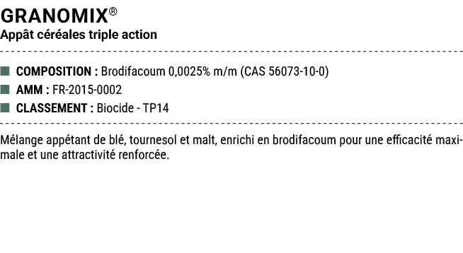 GRANOMIX® App t c r ales triple action ■ COMPOSITION : Brodifacoum 0,0025% m/m (CAS 56073 10 0) ■ AMM : FR 2015 0002 ...