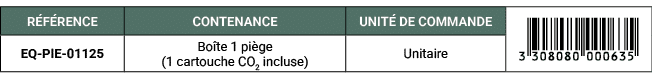 R F RENCE,CONTENANCE,UNIT DE COMMANDE,￼,EQ PIE 01125,Bo te 1 pi ge (1 cartouche CO2 incluse),Unitaire