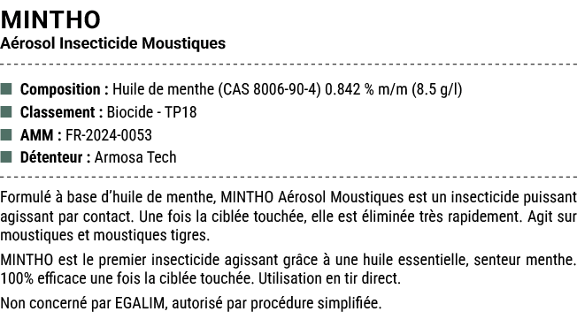 MINTHO A rosol Insecticide Moustiques ■ Composition : Huile de menthe (CAS 8006 90 4) 0.842 % m/m (8.5 g/l) ■ Classem...
