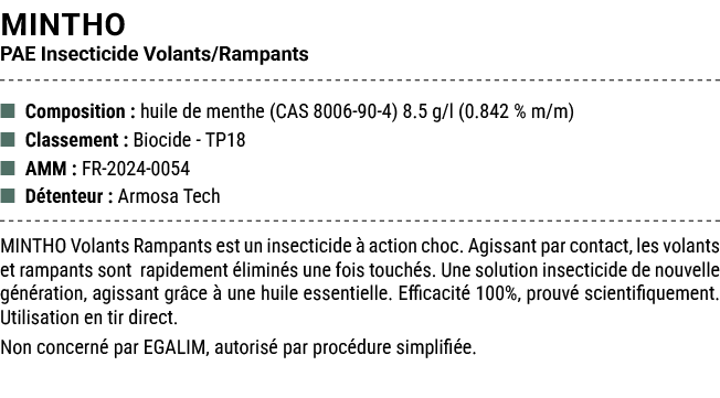 MINTHO PAE Insecticide Volants/Rampants ■ Composition : huile de menthe (CAS 8006 90 4) 8.5 g/l (0.842 % m/m) ■ Class...