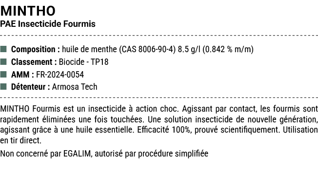 MINTHO PAE Insecticide Fourmis ■ Composition : huile de menthe (CAS 8006 90 4) 8.5 g/l (0.842 % m/m) ■ Classement : B...