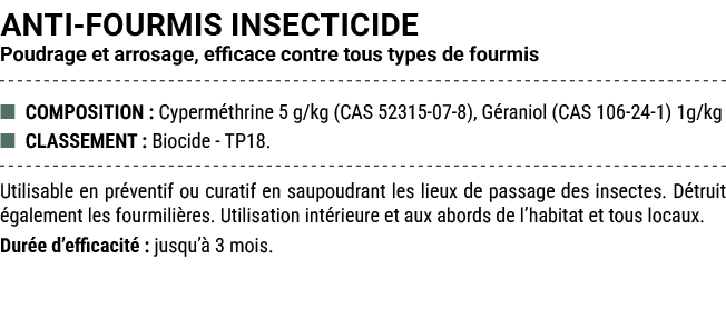 ANTI FOURMIS INSECTICIDE Poudrage et arrosage, efficace contre tous types de fourmis ■ COMPOSITION : Cyperm thrine 5 ...